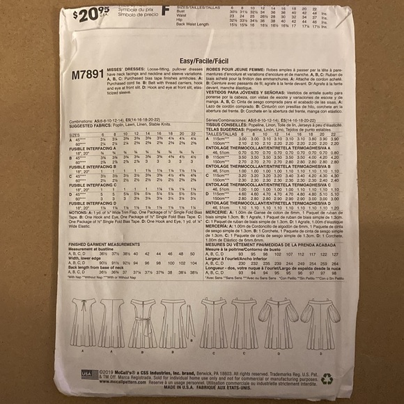 McCall’s Sewing Pattern 7891 - Picture 3 of 3